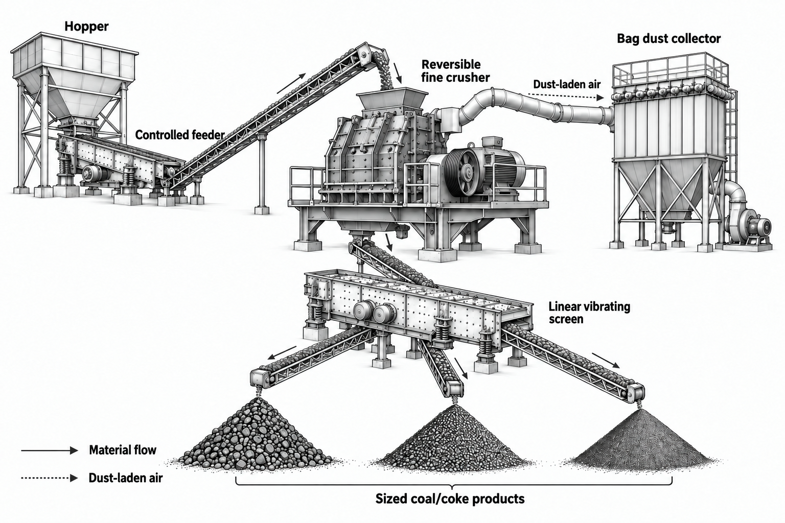 Coal & coke fine-crushing line: line drawing of equipment, conveying and material flow