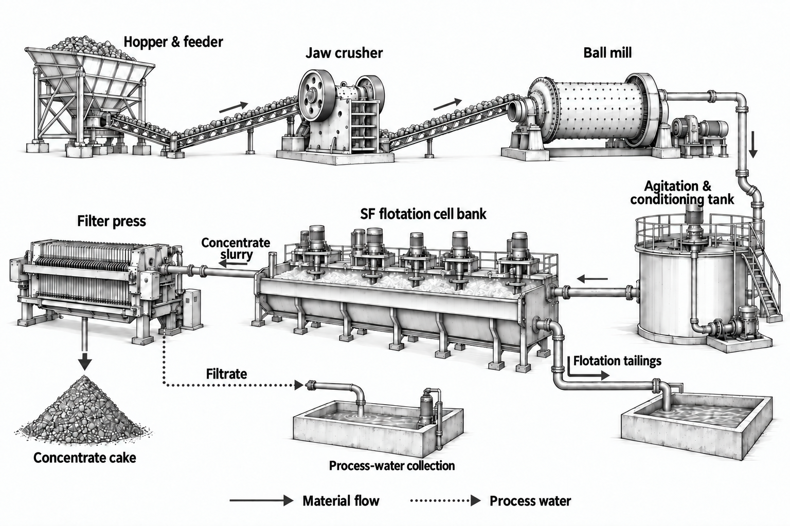 Flotation beneficiation line: line drawing of equipment, conveying and material flow
