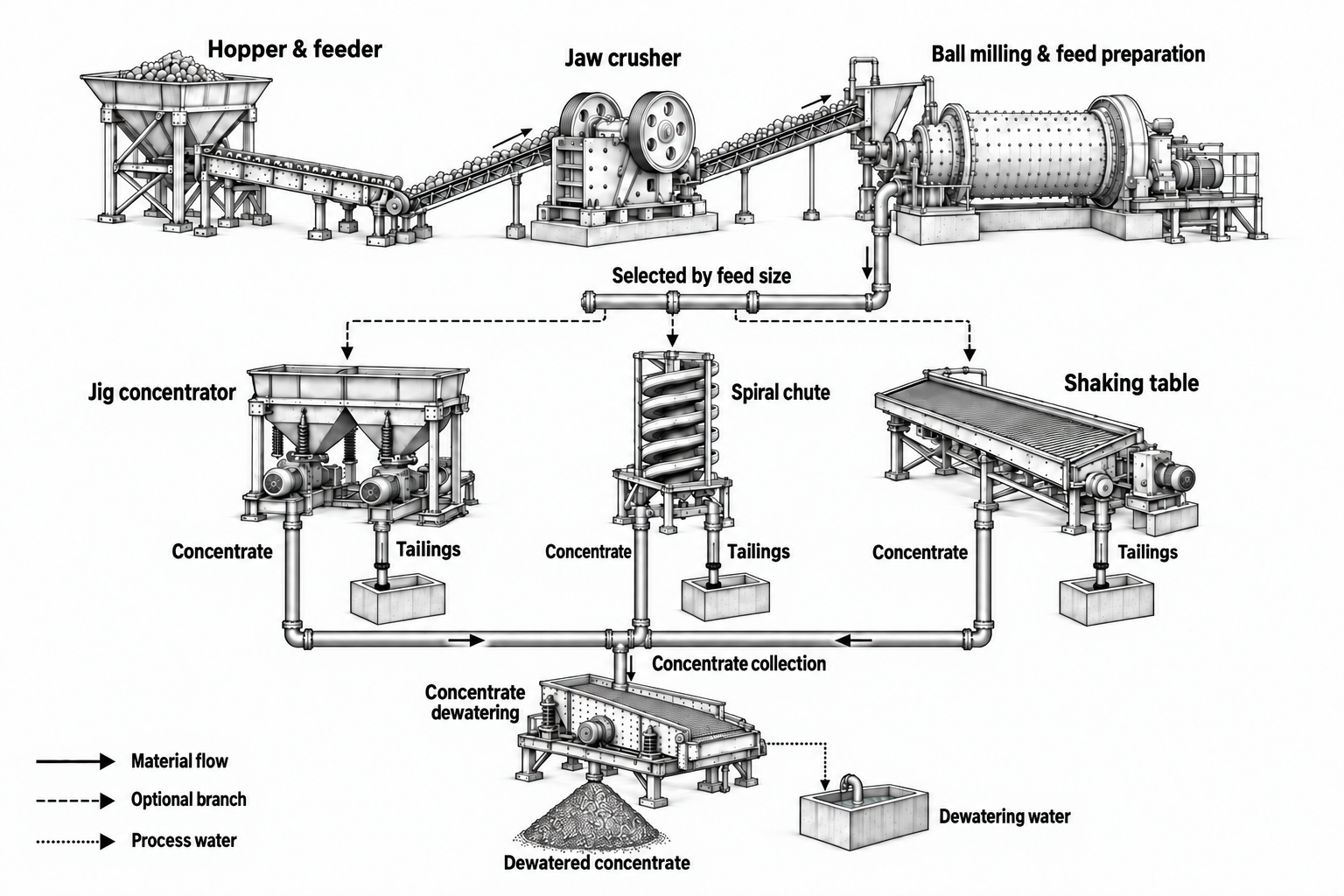 Gravity concentration line: line drawing of equipment, conveying and material flow