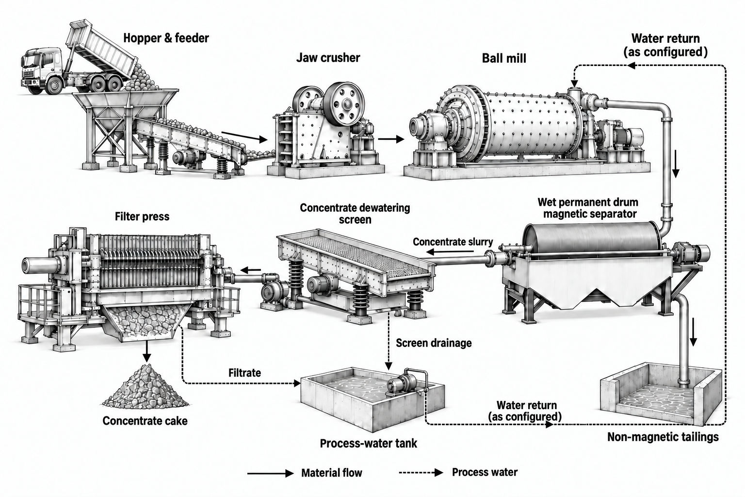 Iron-ore magnetic separation line: line drawing of equipment, conveying and material flow