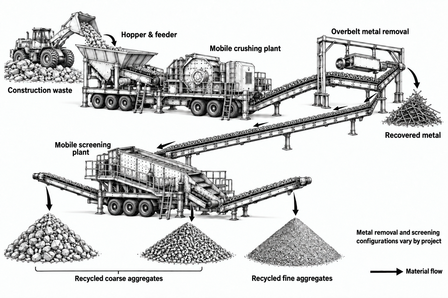 Mobile construction-waste recycling line: line drawing of equipment, conveying and material flow